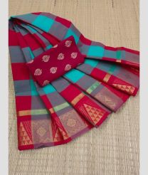 magenta and blue colour kanchi cotton sarees with Line Border design
