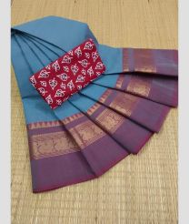 cyan blue colour kanchi cotton sarees with Line Border design