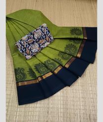 olive green colour kanchi cotton sarees with Line Border design