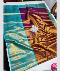Dark Magenta and Sky Blue kanchi lehengas with Kanchi Border design
