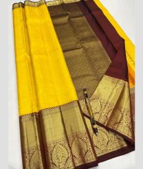 Yellow and Maroon kanchi pattu sarees with Koravai Border design