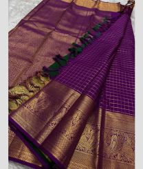 Purple and Green kanchi pattu sarees with All over Checks design