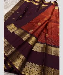 Plum Velvet and Orange kanchi pattu sarees with All over Checks and Buttas design