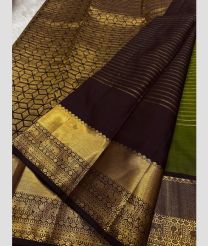 Chocolate and Green kanchi pattu sarees with All over Lines design
