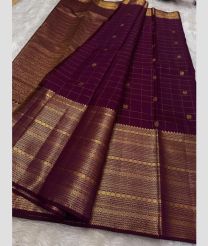 Dark Magenta and Golden kanchi pattu sarees with All over Checks and Buttas design
