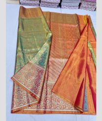 Fern Green and Carrot Orange kanchi pattu sarees with MEENA WEAVEING WITH JAMMUN BORDER design