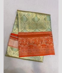 Fern Green and Dark Orange kanchi pattu sarees with MEENA WEAVEING WITH JAMMUN BORDER design