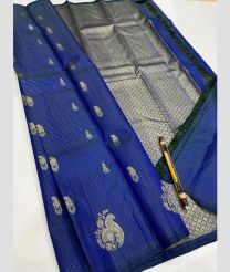 Navy Blue and Silver kanchi pattu sarees with All over Lines design