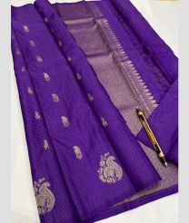 Purple and Silver kanchi pattu sarees with All over Lines design