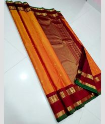 Orange and Red kanchi pattu sarees with Gap Border design