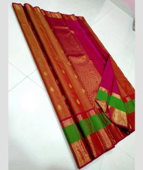 Carrot Orange and Pink kanchi pattu sarees with Gap Border design