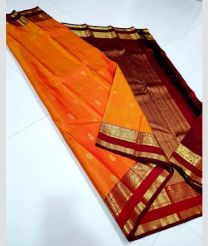 Neon Orange and Maroon kanchi pattu sarees with Gap Border design