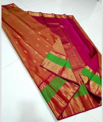 Copper Red and Pink kanchi pattu sarees with Gap Border design