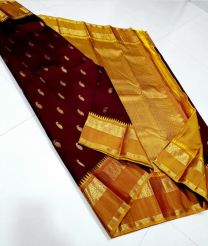 Dark Maroon and Golden Yellow kanchi pattu sarees with Gap Border design