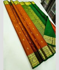 Chestnut and Green kanchi pattu sarees with Jari Border design