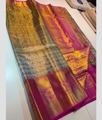 Magenta and Lite Green kanchi pattu sarees with All over brocade design
