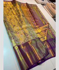 Golden and Purple kanchi pattu sarees with All over brocade design