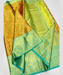 Lite Orange and Blue Turquoise kanchi pattu sarees with All over design