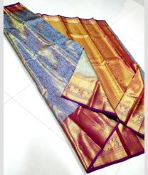 Sky Blue and Dark Magenta kanchi pattu sarees with Koravai Border design