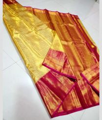 Lite Yellow and Pink kanchi pattu sarees with Koravai Border design
