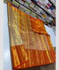 Golden and Red kanchi pattu sarees with All over design