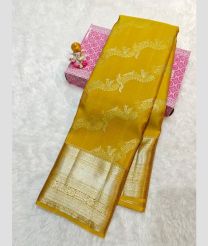 Yellow and Silver kanchi pattu sarees with All over brocade design