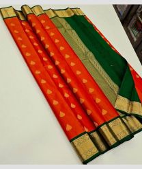 Orange and Green kanchi pattu sarees with Kuttu Border design
