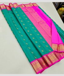 Turquoise and Neon Pink kanchi pattu sarees with Kuttu Border design