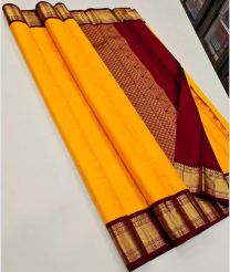 Yellow and Maroon kanchi pattu sarees with Kuttu Border design