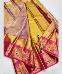 Golden Yellow and Pink kanchi pattu sarees with All over Jari design