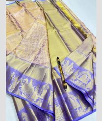 Cream and Purple Blue kanchi pattu sarees with All over Jari design