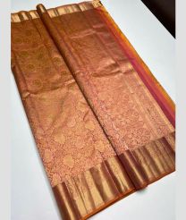 Golden and Orange kanchi pattu sarees with All over brocade design