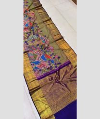 Acid Green and Navy Blue kanchi pattu sarees with Kalamkari design