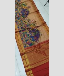 Bisque and Maroon kanchi pattu sarees with Kalamkari design