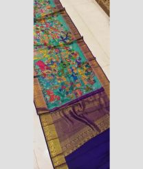 Blue Turquoise and Navy Blue kanchi pattu sarees with Kalamkari design
