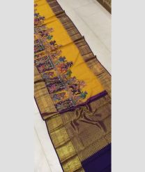 Yellow and Navy blue kanchi pattu sarees with Kalamkari design
