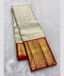 Half White and Red kanchi pattu sarees with All over Jari design