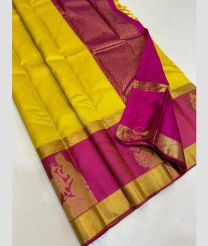 Mustard Yellow and Deep Pink kanchi pattu sarees with All over Jari design