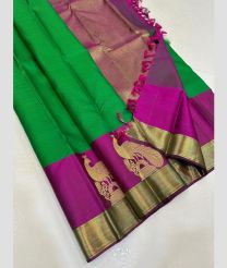 Green and Magenta kanchi pattu sarees with All over Jari design
