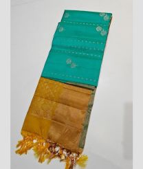 Turquoise and Golden Yellow kanchi pattu sarees with All over Buttas design