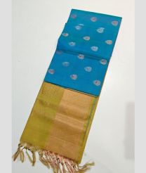 Sky blue and Acid Green kanchi pattu sarees with All over Buttas design