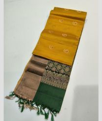 Yellow and Green kanchi pattu sarees with All over Buttas design