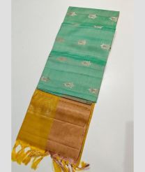 Aquamarine and Yellow kanchi pattu sarees with All over Buttas design