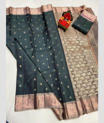gray and charcoal colour kanchi pattu sarees with All over Buttas design