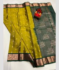 olive and silver colour kanchi pattu sarees with All over Buttas design