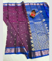 silver and purple colour kanchi pattu sarees with All over Buttas design