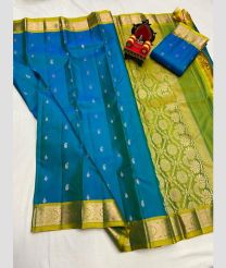 blue and olive colour kanchi pattu sarees with All over Buttas design