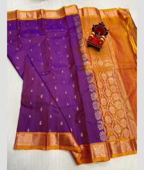 purple and brown colour kanchi pattu sarees with All over Buttas design