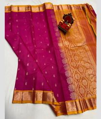 brown and magenta red colour kanchi pattu sarees with All over Buttas design