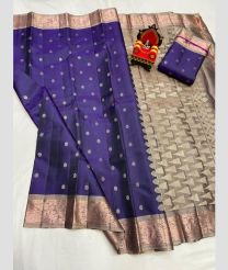 blue and gray colour kanchi pattu sarees with All over Buttas design